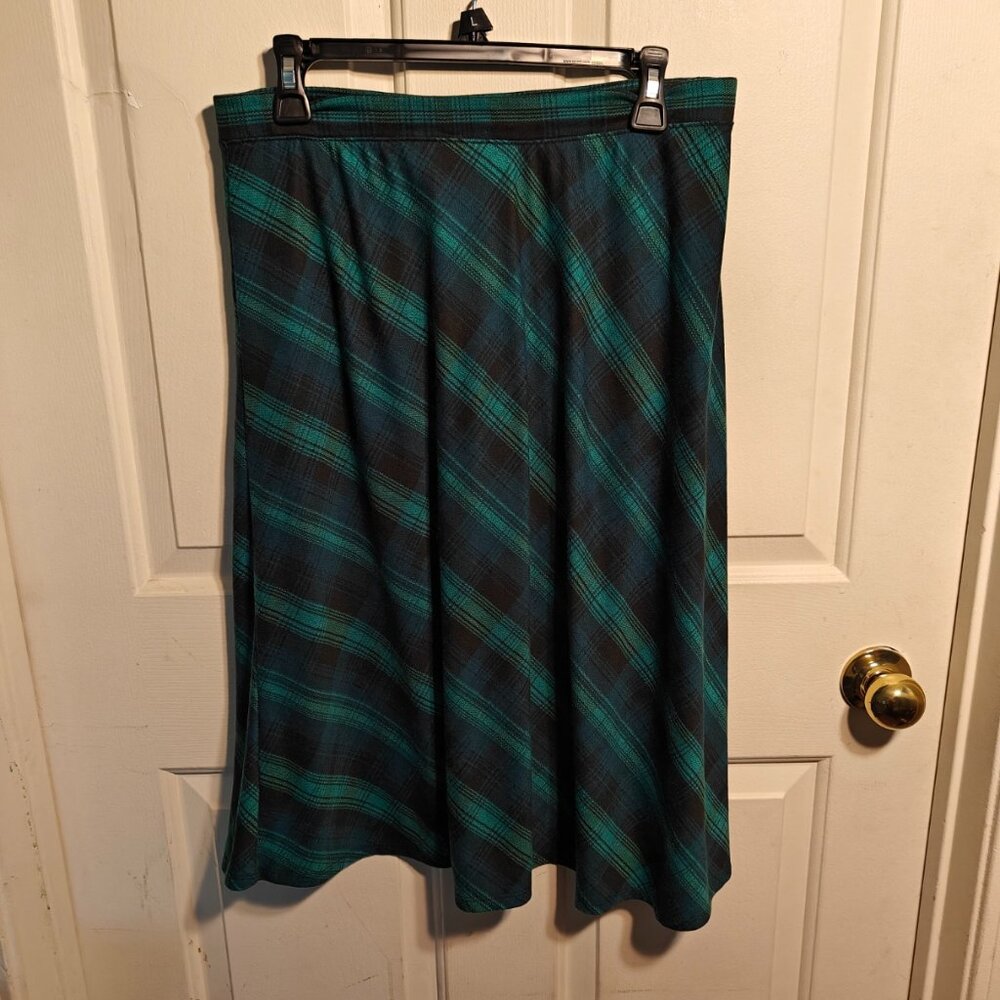 Laura Scott Teal Plaid Stretchy Midi Skirt | Medium